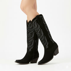 Tuhoomall Western Cowboy Knee High Boots for Women, Floral Embroidery, Comfortable Chunky Heel, Perfect for Travel and Outdoor Fashion