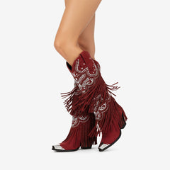 Tuhoomall Western Knee High Boots for Parties, Performances, Fashionable Comfort with Floral Embellishments and Sparkling Details