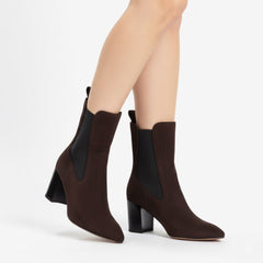 Tuhoomall Stylish Women's Chunky Heel Ankle Booties, Elastic Suede, High Ankle Design for Casual and Work Occasions, Classic Solid Color