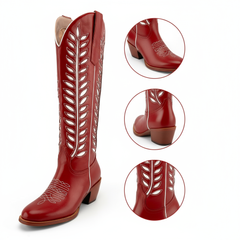 Tuhoomall Western Mid Calf Boots for Women, Embroidered Vegan Leather, Casual Chunky Heel, Spring Autumn Winter Fashion