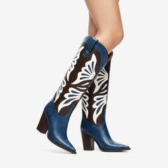 Tuhoomall Fashion Casual Knee-High Boots with Embroidery, Lizard Pattern Chunky Heel for Travel, Work, Party and Evening Wear