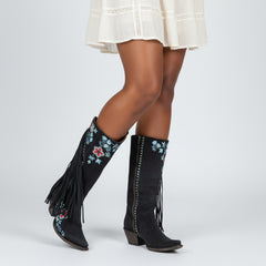 Tuhoomall Western Cowboy Boots for Women, Floral Embroidered Mid-Calf Chunky Heel, Trendy Fringe Detail, Perfect for Casual Outings and Performances