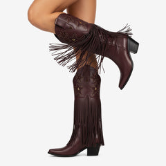 Tuhoomall Comfortable Western Knee-High Boots with Fringe and Studs for Fashion, Party, and Performance - 7.5cm Chunky Heel, All-Season Wear