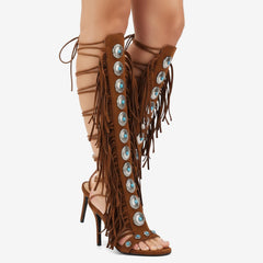 Tuhoomall High Heel Open Toe Booties with Fringe and Stone Detail for Party and Fashion Runway Events