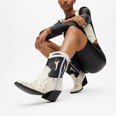 Tuhoomall Floral Ankle Cowboy Boots for Women, Low Chunky Heel 2.75 in, Elegant Vegan Leather, Perfect for Casual and Formal Occasions