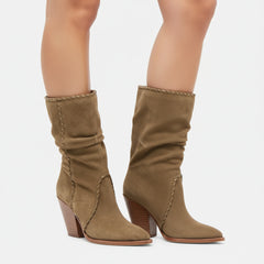 Tuhoomall Western Cowboy Ankle Boots for Women, Stylish Casual Short Boots, Wrinkled Design, Slip-On, Chunky Heel, All-Season Wear