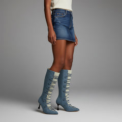 Tuhoomall Fashion Casual Mid-Calf Boots with Gradient Pattern, Pointed Toe, Chunky Heel, Slip-On Design for All Seasons Tuhoomall