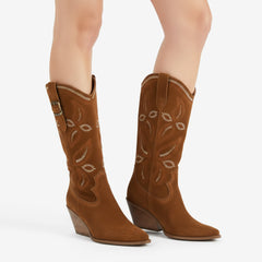 Tuhoomall Western Style Floral Embroidered Mid-Calf Boots for Women | Casual Outdoor Fashion with Sturdy Rubber Sole