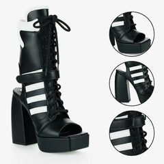 Tuhoomall Comfortable High Heel Sandals for Women, PU Leather, Laser Embroidery, Adjustable Strap, Chunky Heel for Parties and Casual Outings Tuhoomall