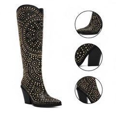 Tuhoomall Western Style Mid Calf Cowboy Boots with Chunky Heel, Pointed Toe, Zipper Closure, Studded Design, Vegan Leather, Ideal for Spring, Fall & Winter