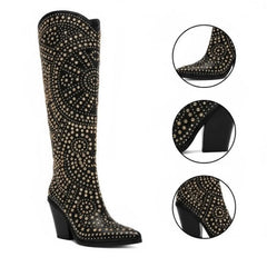 Tuhoomall Western Style Mid Calf Cowboy Boots with Chunky Heel, Pointed Toe, Zipper Closure, Studded Design, Vegan Leather, Ideal for Spring, Fall & Winter Tuhoomall