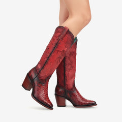 Tuhoomall Western Style Knee-High Cowboy Boots for Performances, Retro Trendy Design, Fashionable Snakeskin with Chunky Heel