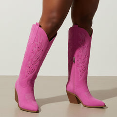 Tuhoomall Western Knee-High Boots For Women With Embroidery And Zipper, Chunky Heel For Travel, Outdoor, Fashion Casual, Party And Dance