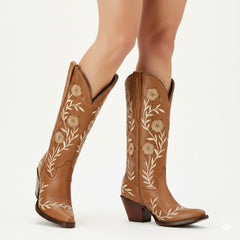 Tuhoomall Western Cowboy Knee High Boots with Floral Embroidery - Comfortable Chunky Heel for Casual, Work, Travel and Party Wear