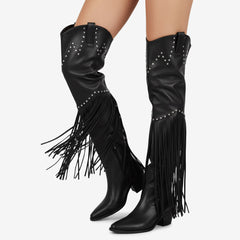 Tuhoomall Over-The-Knee High Heel Boots With Fringes And Studs For Party And Fashion Events