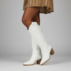 Tuhoomall Western Knee-High Boots for Women, 7cm Chunky Heels, Slip-On Style, Durable Woven Leather, Perfect for Work and Casual Occasions