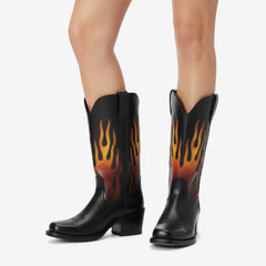 Tuhoomall Comfortable Mid-Calf Boots with Flame Gradient Design for Travel, Parties, and Performances - Chunky Heel, Slip-On, Floral Embroidery