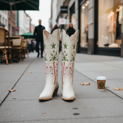 Tuhoomall Desert Style Floral Embroidered Knee-High Boots, Chunky Heel for Vintage Casual Looks and Theme Parties