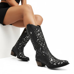 Tuhoomall Cowboy Boots for Women Western Square Toe Mid Calf White Cowgirl Boots Rhinestone Chunky Wedding