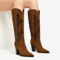 Tuhoomall Fashion Casual Knee-High Boots with Embroidery, Lizard Pattern Chunky Heel for Travel, Work, Party and Evening Wear