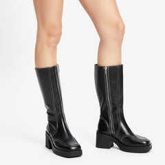 Tuhoomall Fashionable Casual Mid-Calf Boots for Travel and Outdoor, Comfortable Chunky Heels with Metal Zipper and Color Block Design