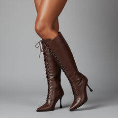 Tuhoomall Fashion Women's Knee-High Stiletto Boots, Elegant Party Wear with Lace-Up and Studs, Perfect for Weddings and Casual Outings