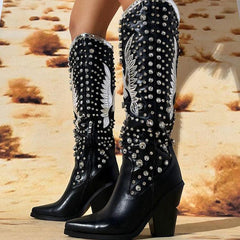 Tuhoomall Pointed-Toe Mid Calf Boots With Rhinestones For Fashion Parties | Chunky Heel, PU Upper, All-Season Style