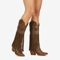 Tuhoomall Comfortable Western Knee-High Boots with Fringe and Studs for Fashion, Party, and Performance - 7.5cm Chunky Heel, All-Season Wear