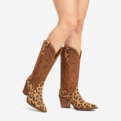 Tuhoomall Fashion Women’s Mid Calf Boots, Embroidered Leopard Pattern, Stylish Chunky Heel for Parties