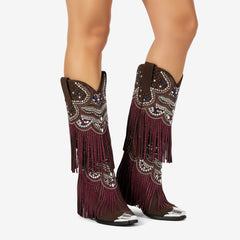 Tuhoomall Western Knee High Boots for Parties, Performances, Fashionable Comfort with Floral Embellishments and Sparkling Details