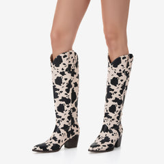 Tuhoomall Western Knee High Cowboy Boots, Animal Print, Stylish Mid Block Heel, Perfect for Parties and Casual Outings