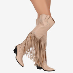 Tuhoomall Over-The-Knee High Heel Boots With Fringes And Studs For Party And Fashion Events