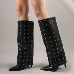 Tuhoomall Foldable Knee High Boots with Studs and Polka Dot Design for Outdoor Fashion Casual Style