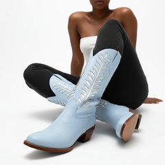 Tuhoomall Western Mid Calf Boots for Women, Embroidered Vegan Leather, Casual Chunky Heel, Spring Autumn Winter Fashion