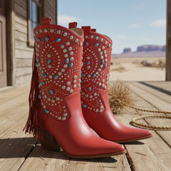 Tuhoomall Western Style Floral Embellished Mid-Calf Cowboy Boots with Chunky Heel for Fashion, Outdoor, Party and Casual Western Boots