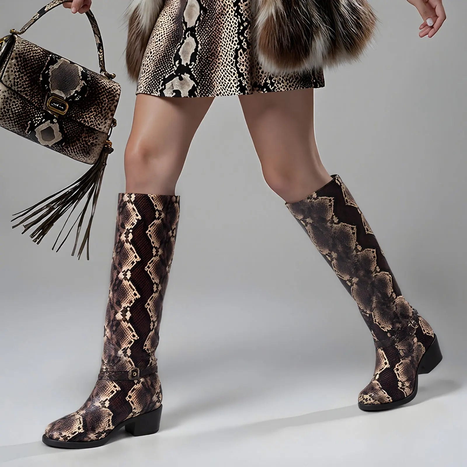 Tuhoomall Knee High Dance Boots For Women, Comfortable Western Style With Animal Print, Durable Rubber Sole, Perfect For Fashion, Travel And Outdoor Events Tuhoomall