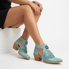 Tuhoomall Western Ankle Boots for Women with Chunky Heel, Snip-Toe, Fringe Design, Outdoor and Dance Ready, Faux Suede