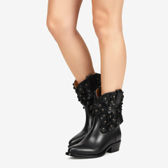 Tuhoomall Fashionable Ankle Boots for Women with Floral Stud Detail, Comfortable Chunky Heel, Perfect for Casual and Work Wear All Year Round