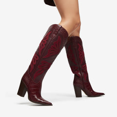 Tuhoomall Fashion Casual Knee-High Boots with Embroidery, Lizard Pattern Chunky Heel for Travel, Work, Party and Evening Wear