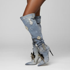 Tuhoomall Knee-High Stiletto Boots With Ruched Design, Pointed Toe, Jewel Embellishments, Stylish Slip-On, Perfect For Parties And Performances