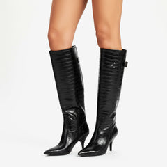 Tuhoomall Knee-High Stylish Party Boots for Women with Pointed Toe, Adjustable Buckle, Stone Pattern, 8cm Mid-Heel, Comfortable Rubber Sole