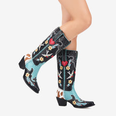 Tuhoomall Western Floral Embroidery Mid-Calf Boots - Trendy Slip-On Style for Parties and Performances, Comfortable Rubber Sole