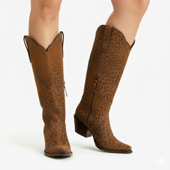 Tuhoomall Western Over-the-Knee Boots for Women, Floral Embroidered Chunky Heel, Comfortable Slip-On, Stylish for Travel and Outdoor Fashion