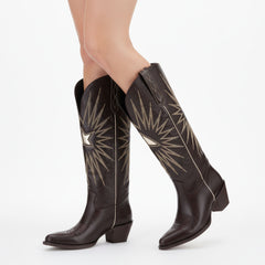 Tuhoomall Western Knee High Boots For Women - Stylish Embroidered Design, Chunky Heel For Comfort, Perfect For Casual And Formal Occasions