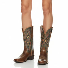 Tuhoomall Stylish Embroidered Mid-Calf Boots for Women, Low Thick Heel, Square Toe, Perfect for Parties and Casual Outings