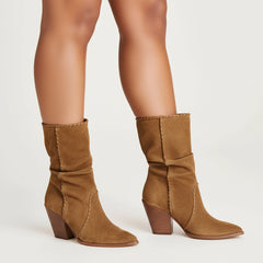 Tuhoomall Western Cowboy Ankle Boots for Women, Stylish Casual Short Boots, Wrinkled Design, Slip-On, Chunky Heel, All-Season Wear