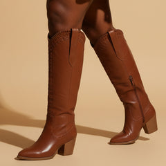 Tuhoomall Western Knee-High Boots for Women, 7cm Chunky Heels, Slip-On Style, Durable Woven Leather, Perfect for Work and Casual Occasions