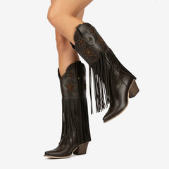 Tuhoomall Comfortable Western Knee-High Boots with Fringe and Studs for Fashion, Party, and Performance - 7.5cm Chunky Heel, All-Season Wear