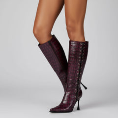 Tuhoomall Fashion Knee-High Boots for Women, Chic Style with Zipper and Stone Pattern, 9cm Stiletto Heels for Everyday and Work Use