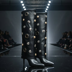 Tuhoomall Stylish Knee-High Women's Boots with Pointed Toe, Hollow Design and Metal Accents for Parties, Performances and Fashion Events